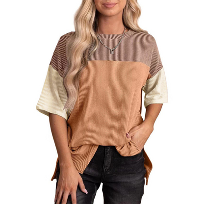 Khaki and brown color-block striped summer top, ribbed round neck, short sleeves