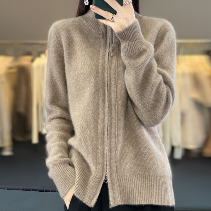 Khaki zip-front knit sweater with ribbed collar and cuffs