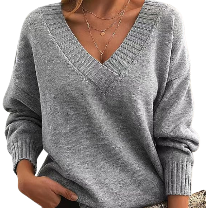 Lightweight V-neck sweater, light gray knit with ribbed V-neck and cuffs