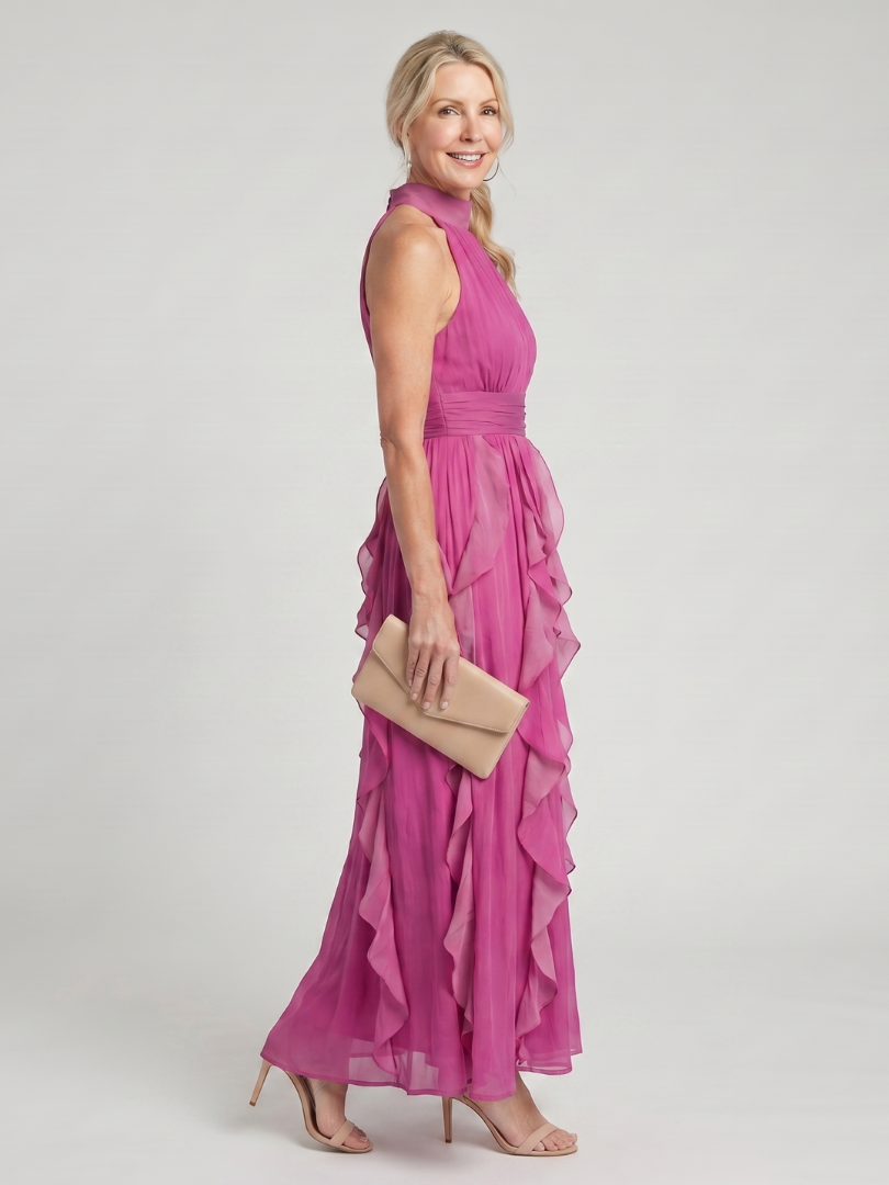 Pink sleeveless high-neck maxi dress with tiered ruffle back and gathered waist