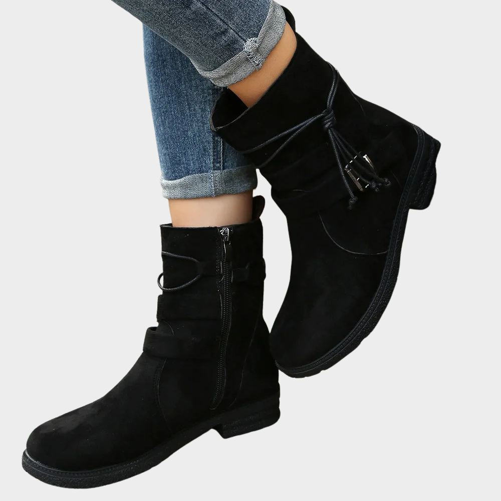 Black suede low-heel ankle boots with lace-up detail and side zipper