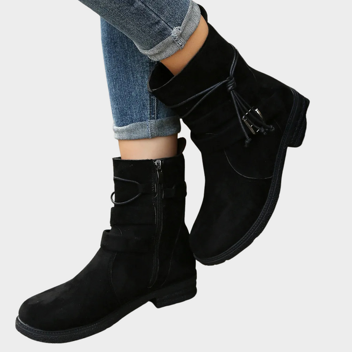 Black suede low-heel ankle boots with lace-up detail and side zipper