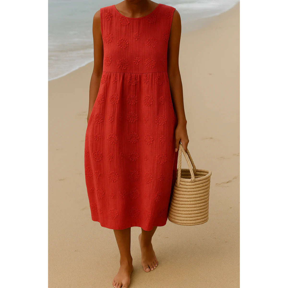 Red embroidered sleeveless midi dress, round neck, scattered floral motifs