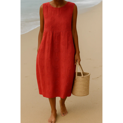 Red embroidered sleeveless midi dress, round neck, scattered floral motifs