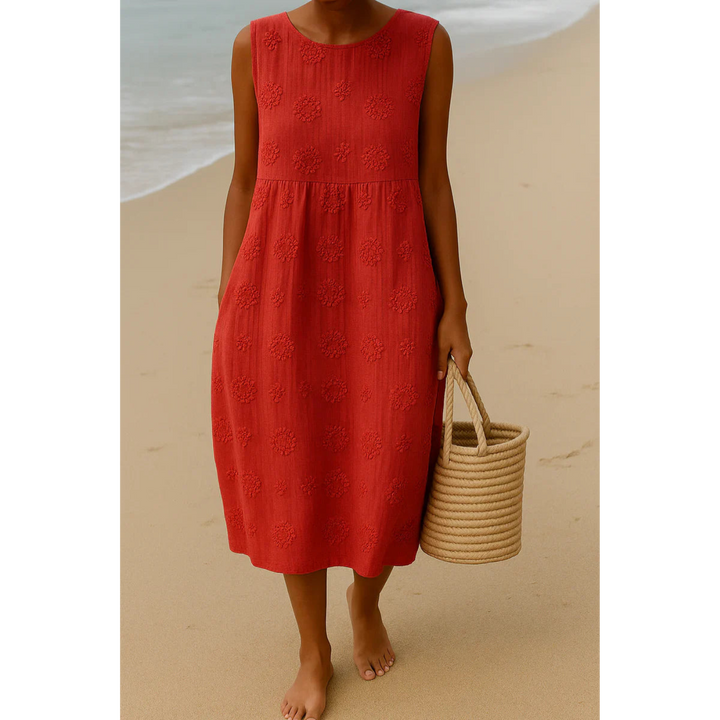 Red embroidered sleeveless midi dress, round neck, scattered floral motifs