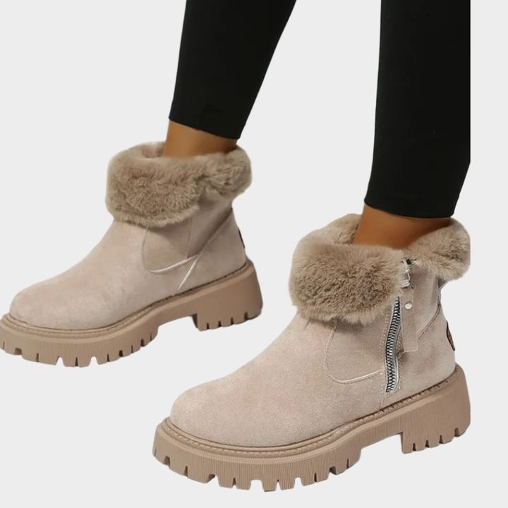 Fleeced lined orthopedic boot in khaki suede with faux fur cuff and side zip