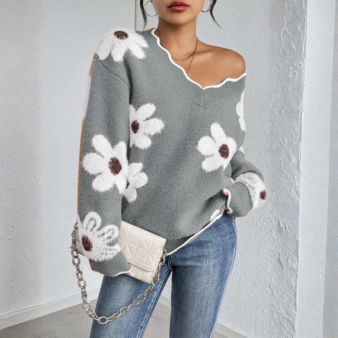 Gray drop-shoulder long-sleeve V-neck sweater with white flower appliques