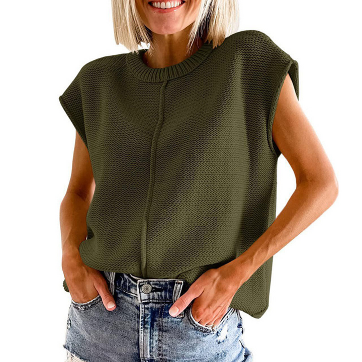 Army green sleeveless crewneck knit top with ribbed collar and center seam