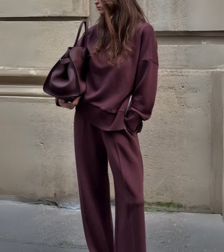 Burgundy high-neck knit top and wide-leg pants two-piece set, long sleeves.