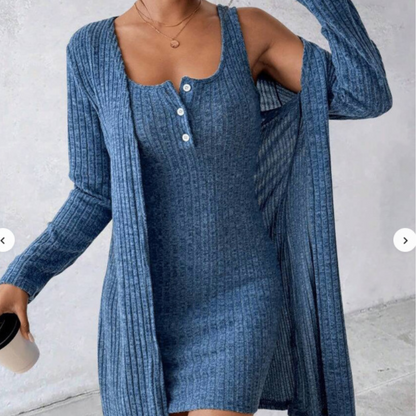 Blue ribbed knit two-piece dress set with sleeveless button-front bodice and long cardigan
