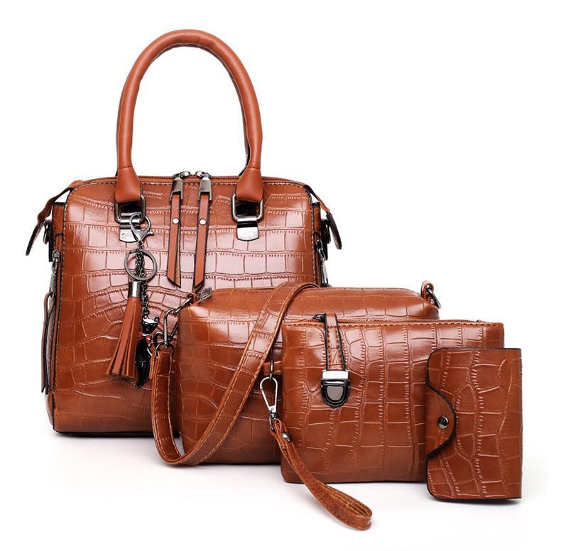 Brown croc-pattern 4-piece handbag set with top handle, shoulder strap, and wallet pouch