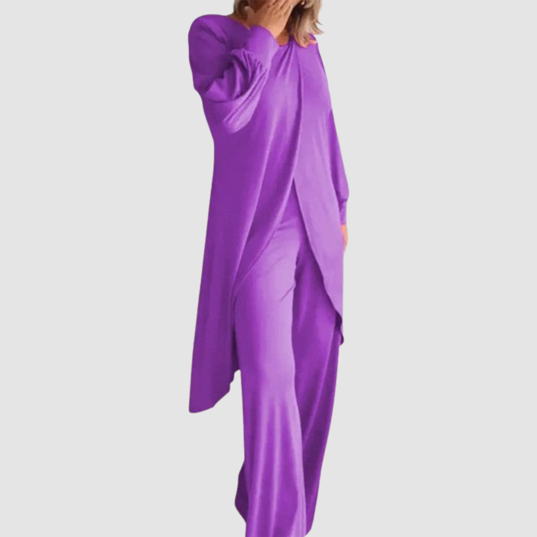 Laine™ longline top and trousers set, purple with draped slit