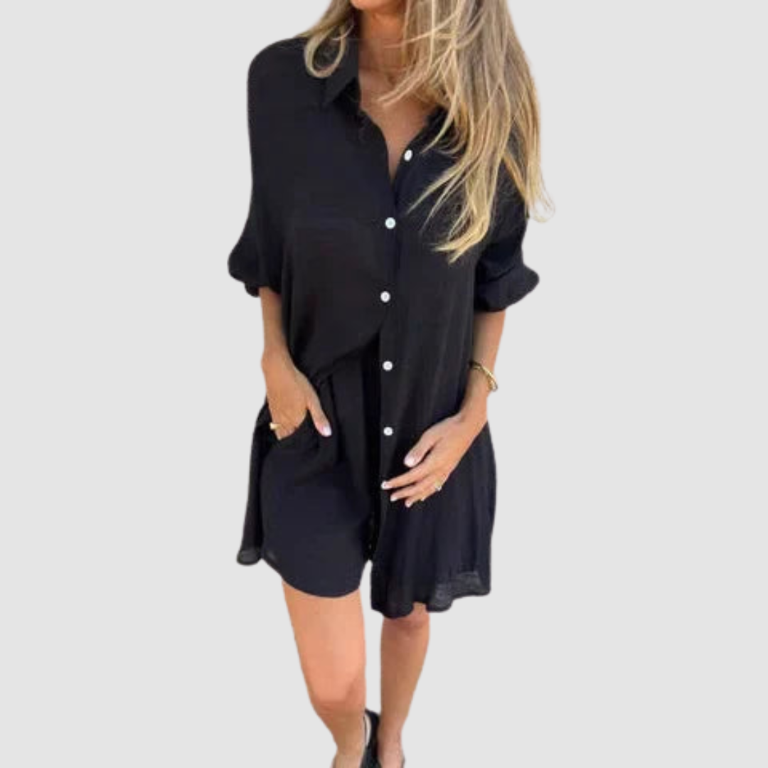 Black button-up blazer and pencil skirt set, long sleeves, button front