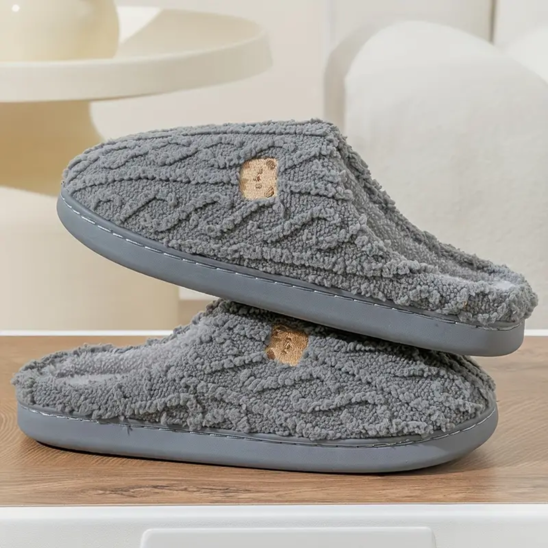 Fuzzy bear print slippers in gray, slip-on with cushioned sole and fabric upper