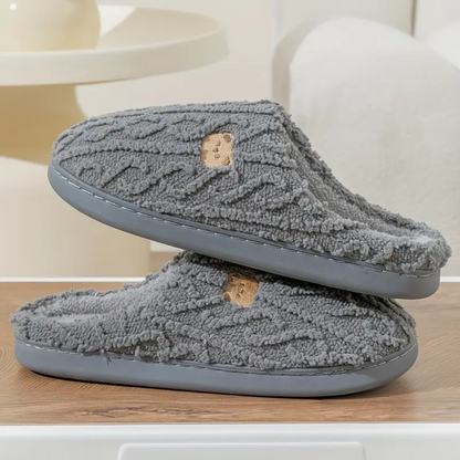 Fuzzy bear print slippers in gray, slip-on with cushioned sole and fabric upper
