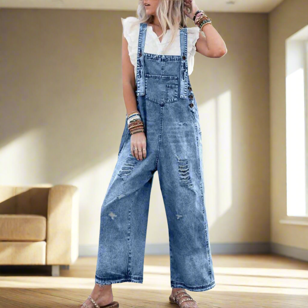 Vintage-wash denim adjustable jumpsuit, light blue with distressed bib and wide legs