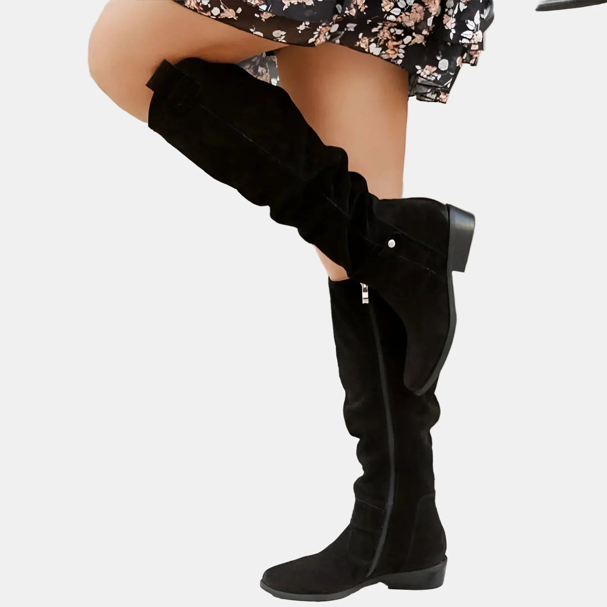 Black suede low-heeled mid-calf boots with side zip and low block heel
