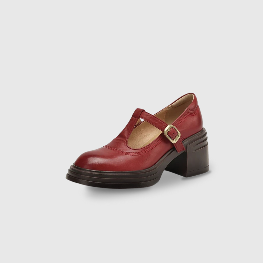 Red chunky Mary Jane pump with buckle strap and dark stacked platform sole