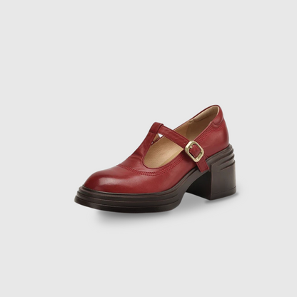 Red chunky Mary Jane pump with buckle strap and dark stacked platform sole