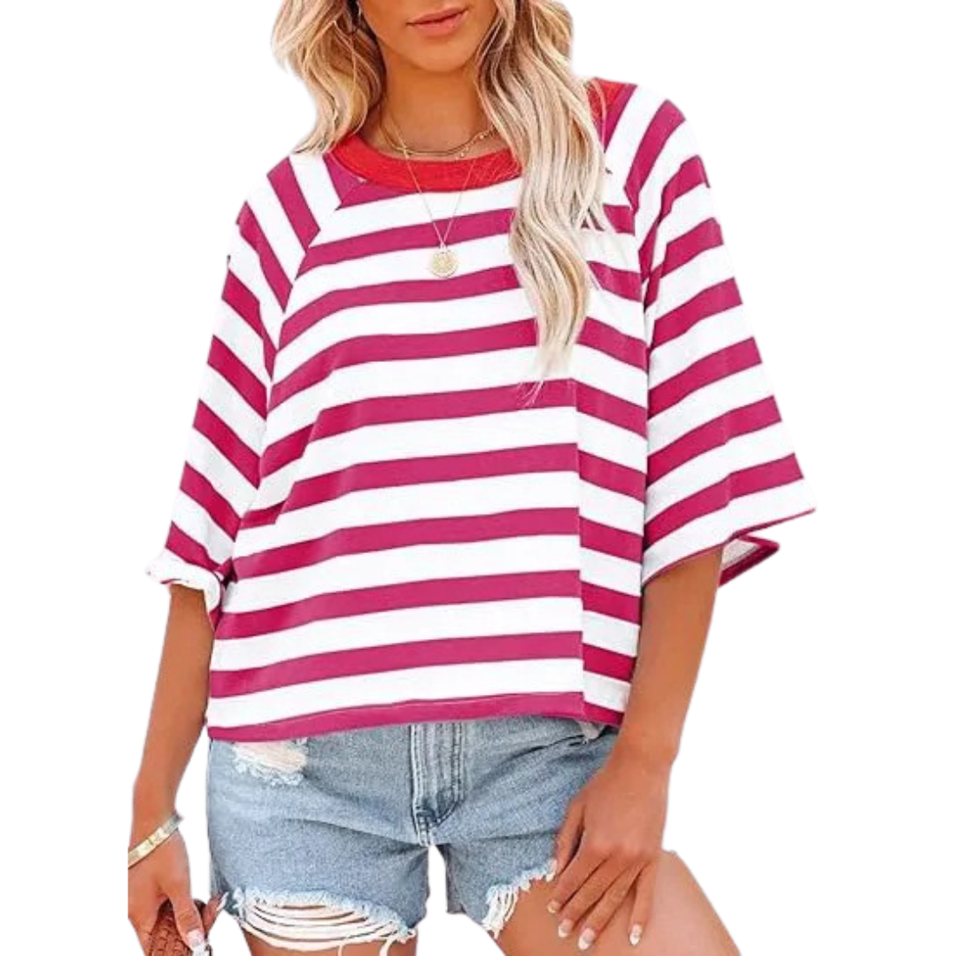 Loose fit crewneck top in white and rose red stripes with red neckline band