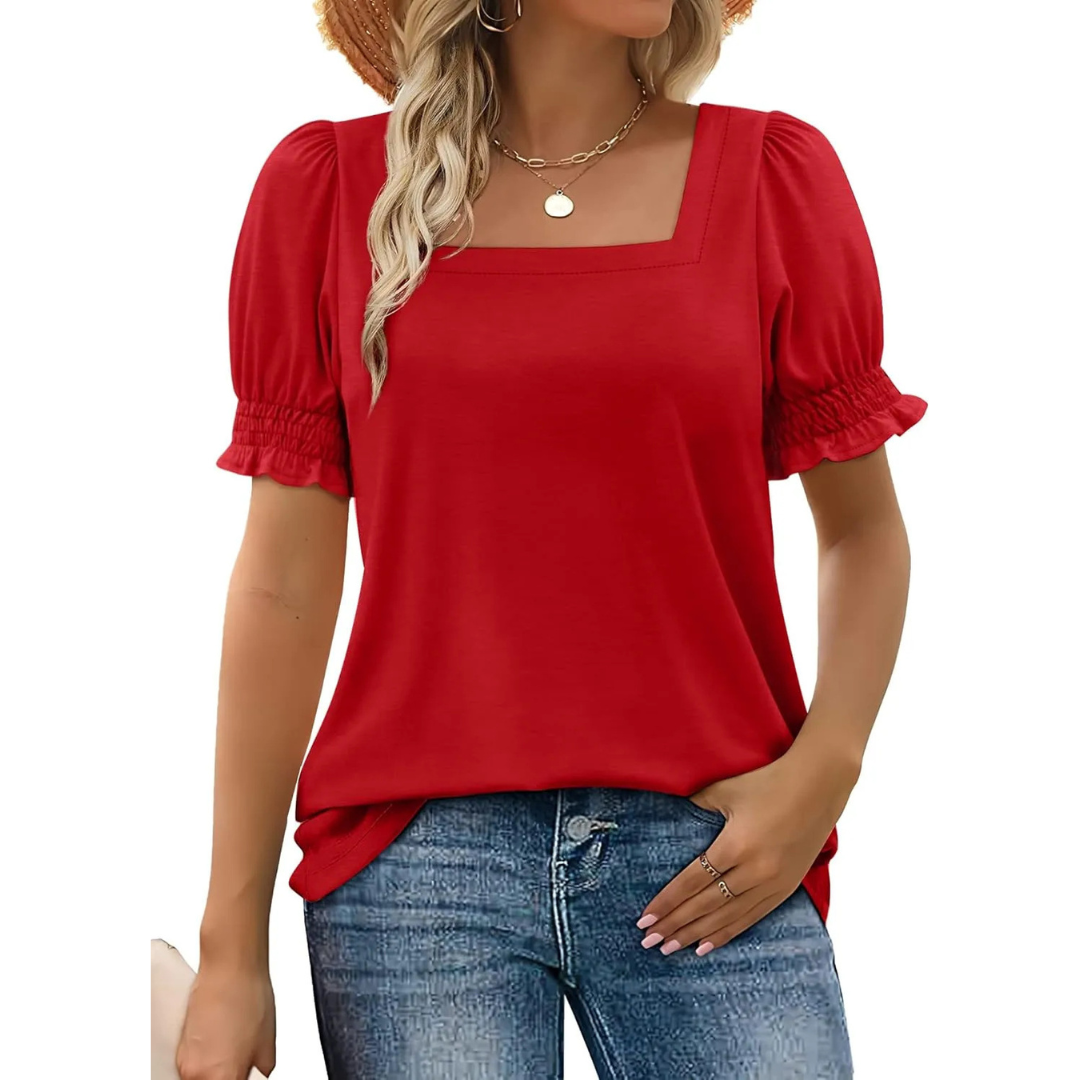 Women’s red lightweight blouse with square neckline and short puff ruffle sleeves