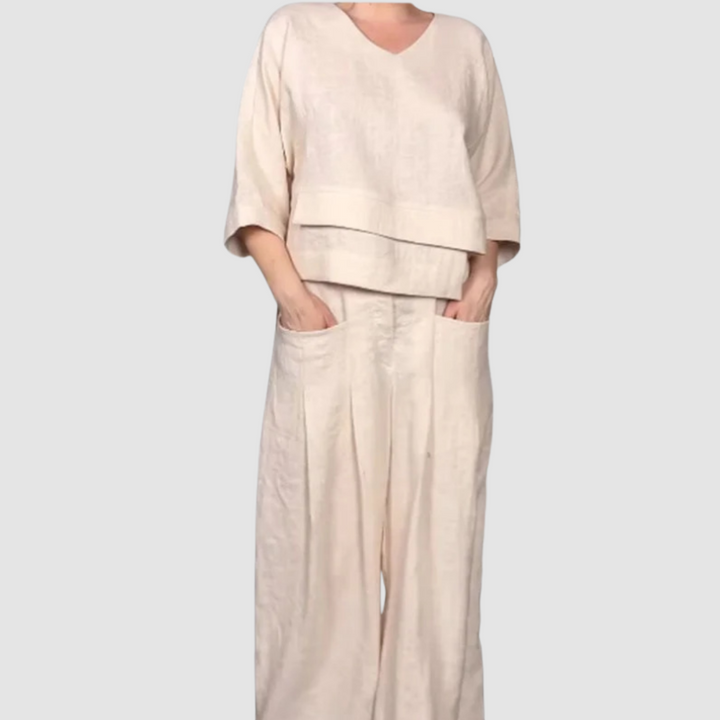 Apricot relaxed 2-piece set with V-neck top and wide-leg trousers
