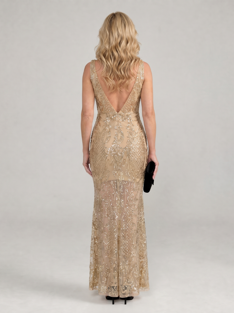 Beige sequin sleeveless midi dress with sheer panel, scoop back and fitted shape
