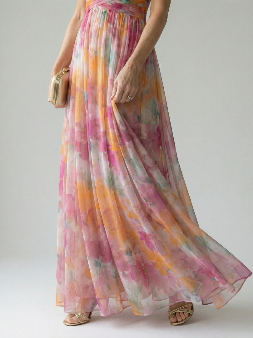 Multicolor soft wrap maxi dress hem detail, sheer flowing skirt and side ruching