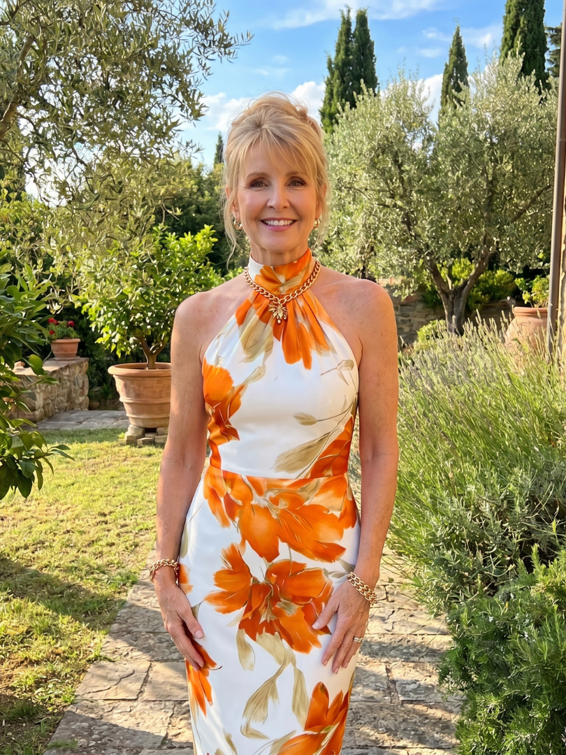 Orange halter-neck floral print midi dress with scarf-like neckline tie.
