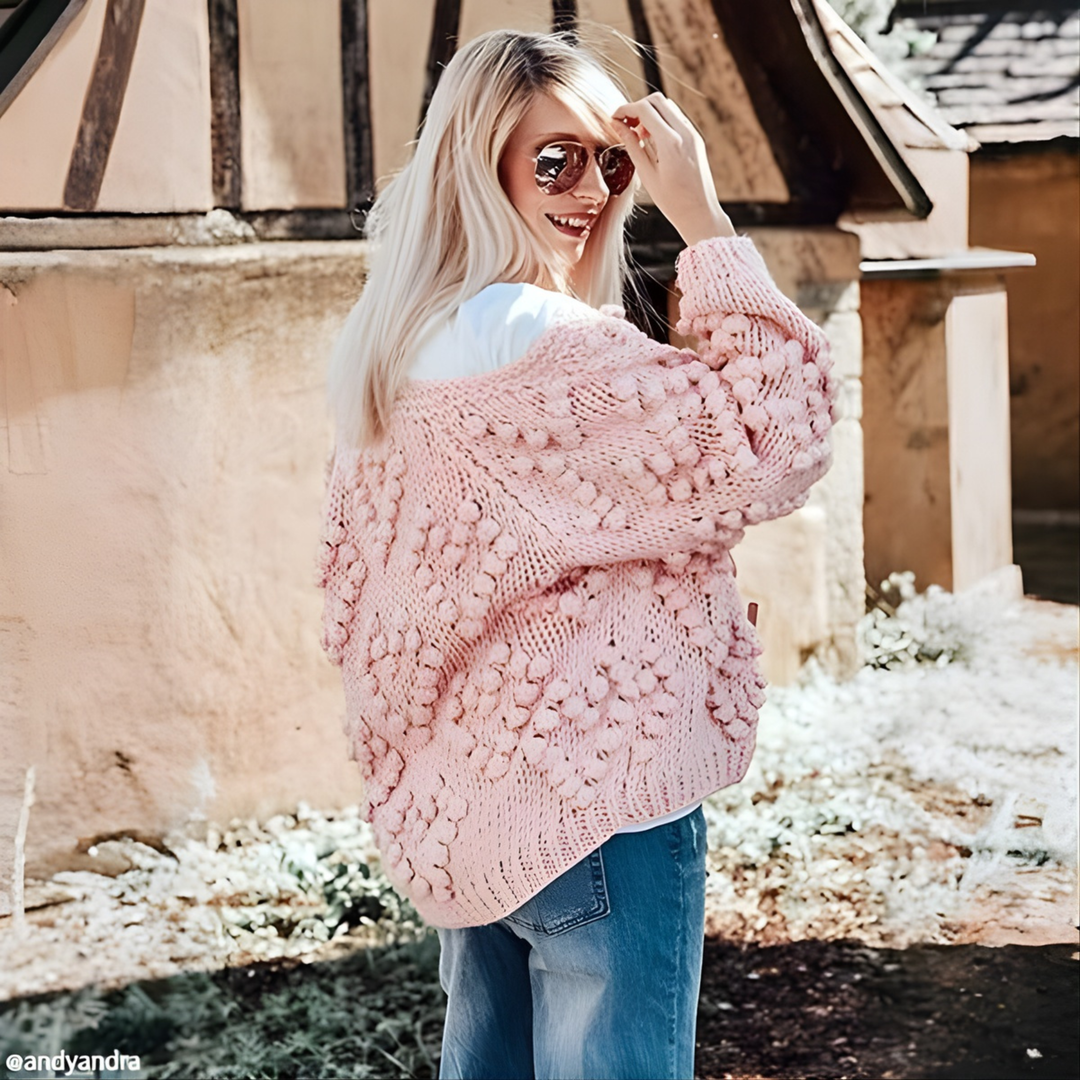 Cozy long sleeve open-front cardigan, pink chunky knit with textured pattern