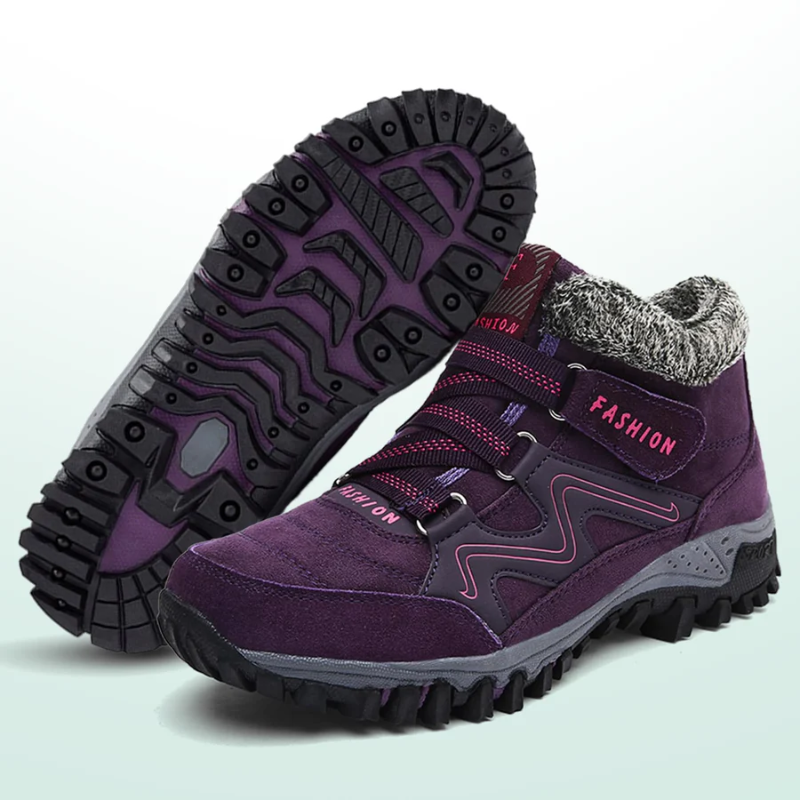 Purple orthopedic shoes with hook-and-loop straps and padded fuzzy collar