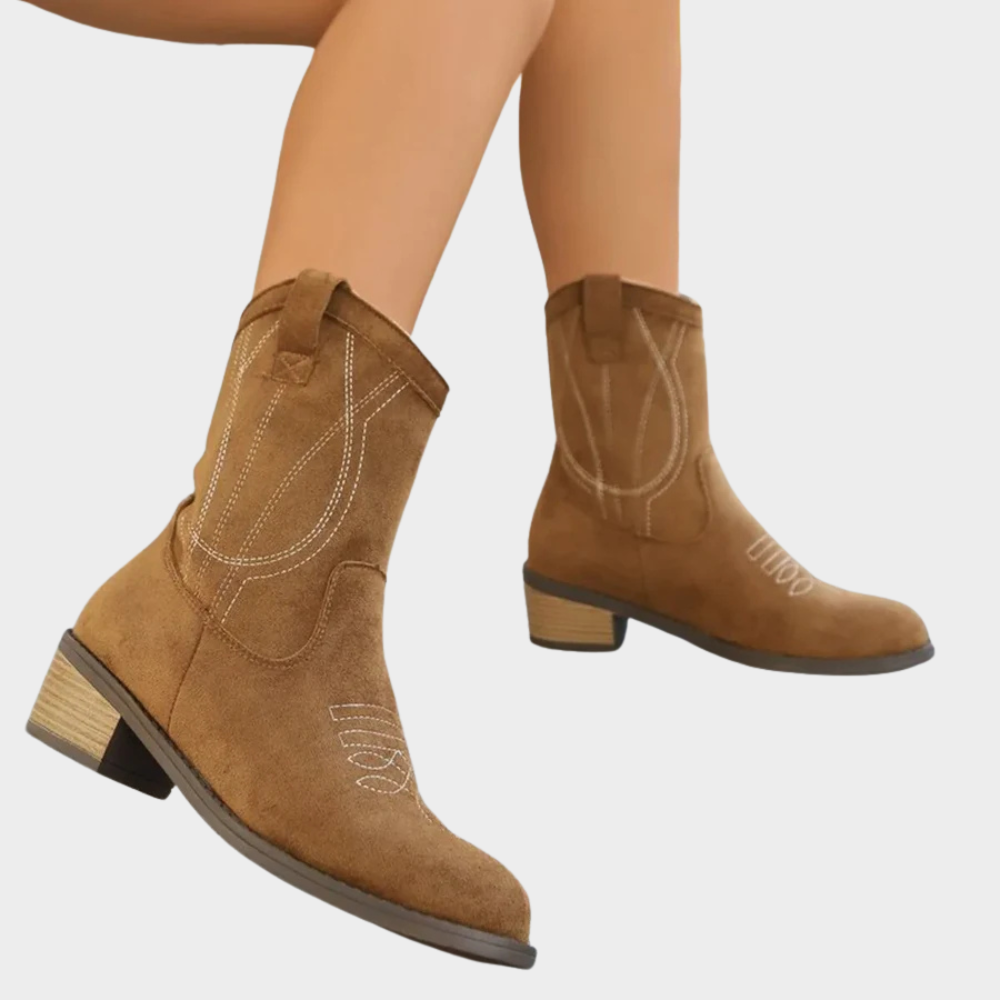 Brown suede cowboy-style ankle boots with side pull tab, Western stitching, block heel