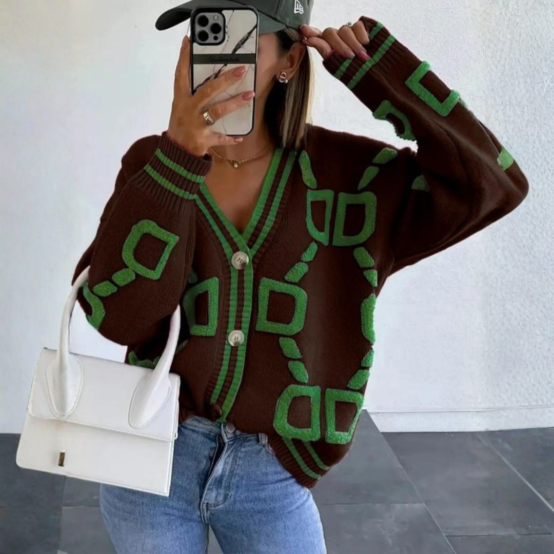 Brown button-down cardigan with green geometric pattern, V-neck, long sleeves, button front