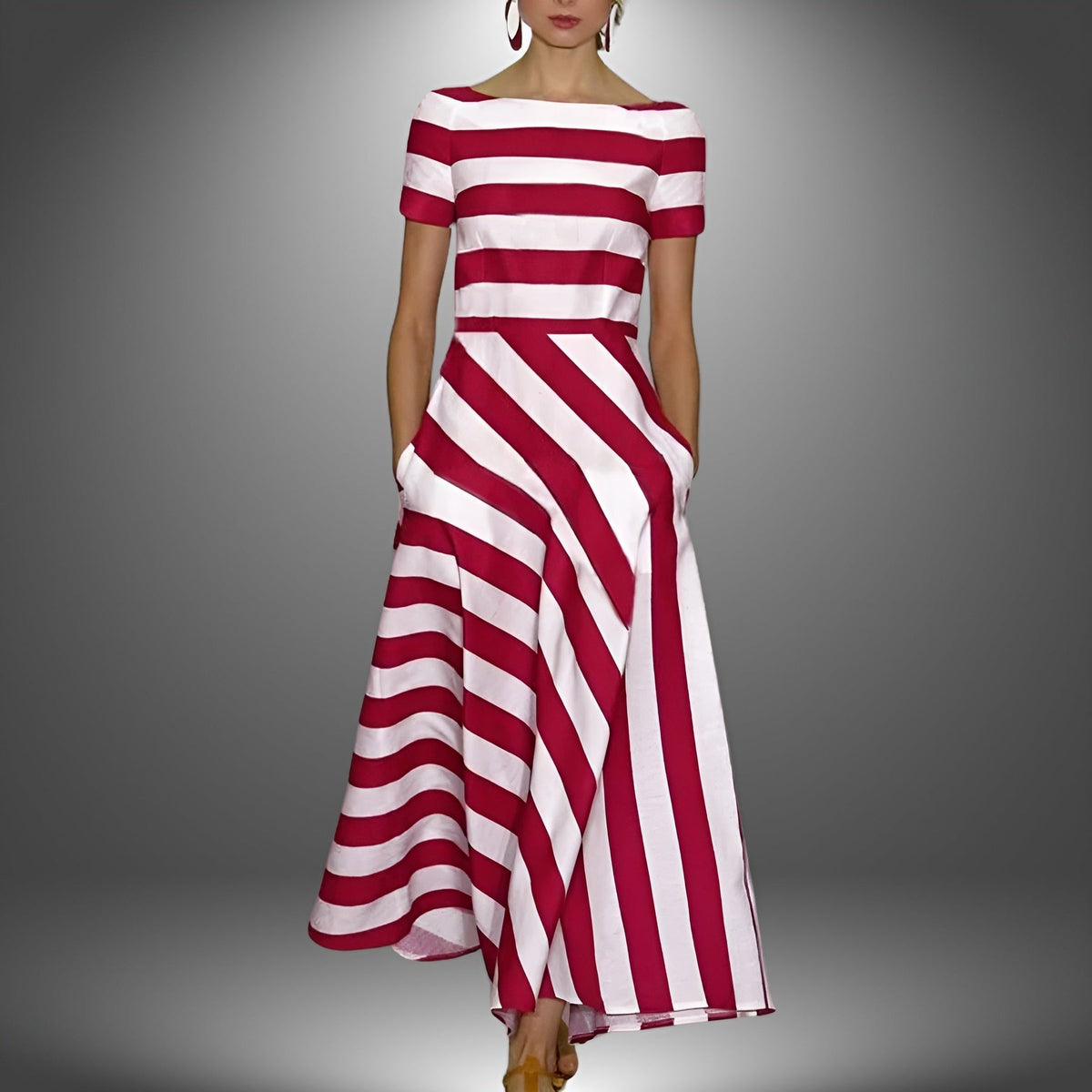Striped maxi dress with short sleeves, boat neckline; red-and-white bold stripes