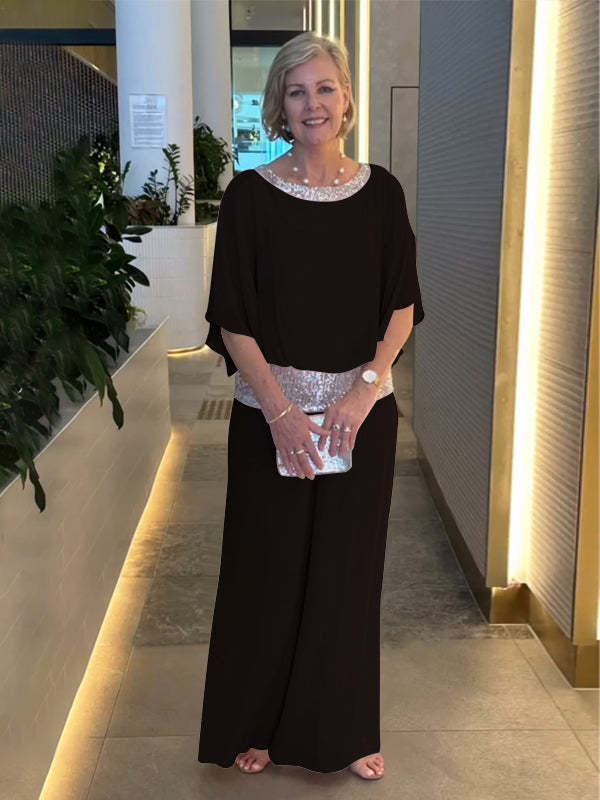 Black relaxed top and wide-leg trousers set, sequined waistband