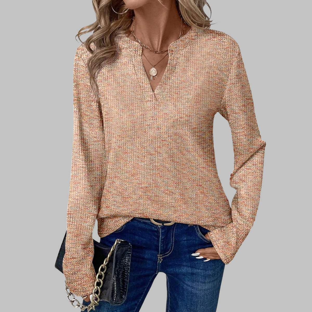 Cozy V-neck long-sleeve blouse, apricot speckled textured knit