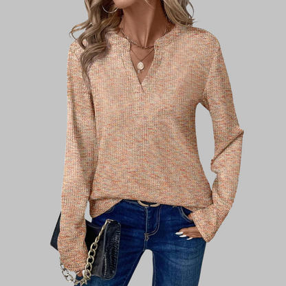 Cozy V-neck long-sleeve blouse, apricot speckled textured knit