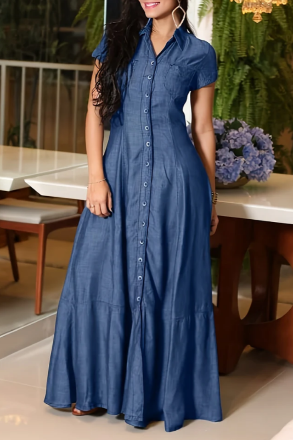 Long dark blue denim dress with short sleeves, button front, and flared tiered skirt
