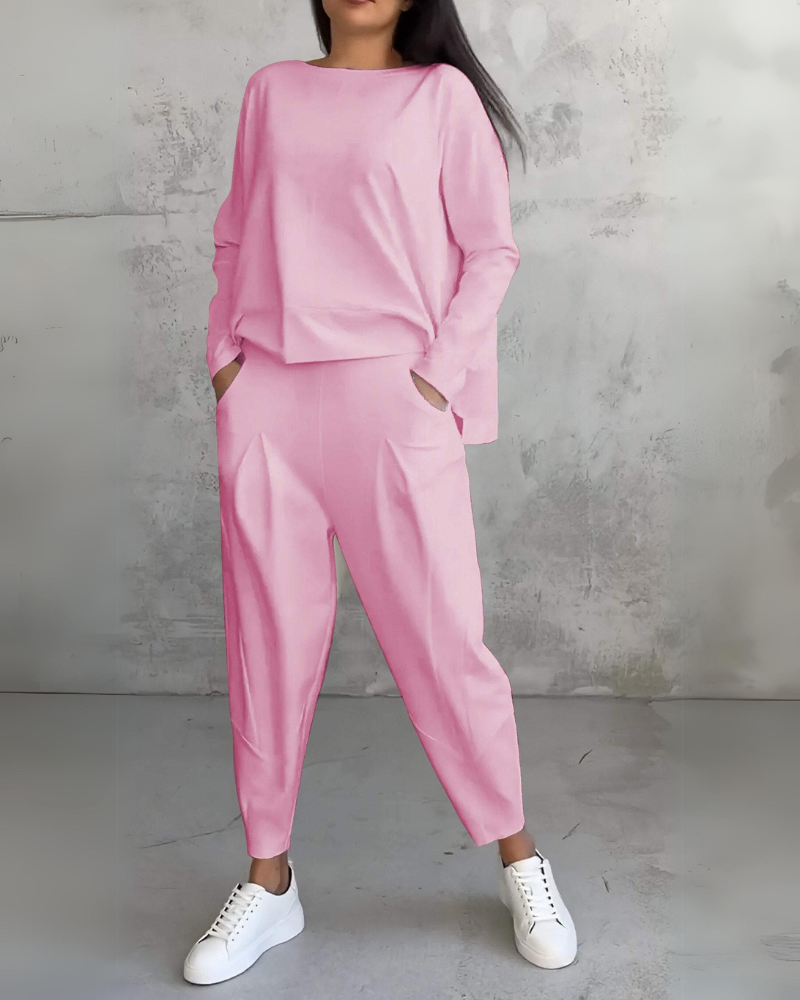 Pink lounge set: long-sleeve pullover top with matching tapered trousers