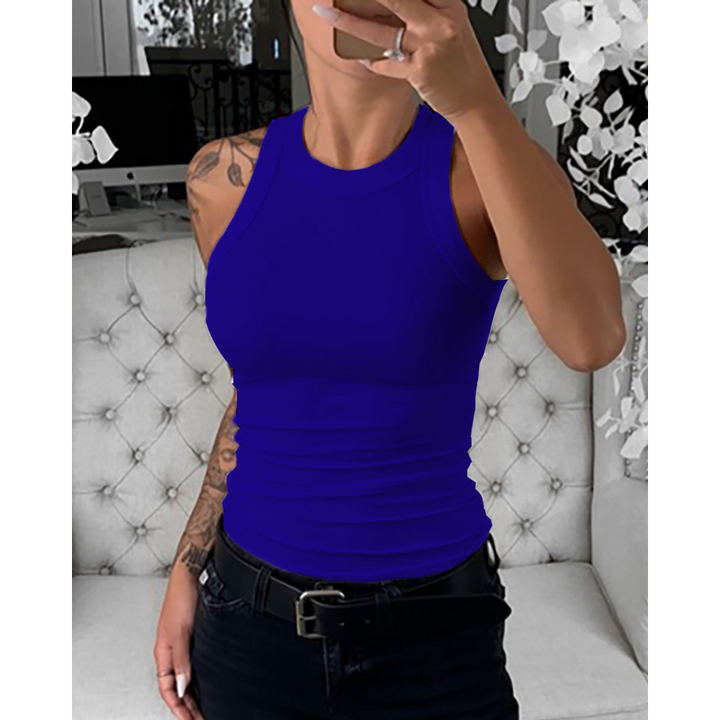 Everyday casual sleeveless pullover in royal blue, round neckline, fitted stretch knit