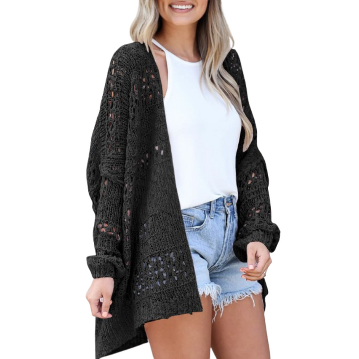 Black open-knit oversized boho summer cardigan, long sleeves, fringe hem