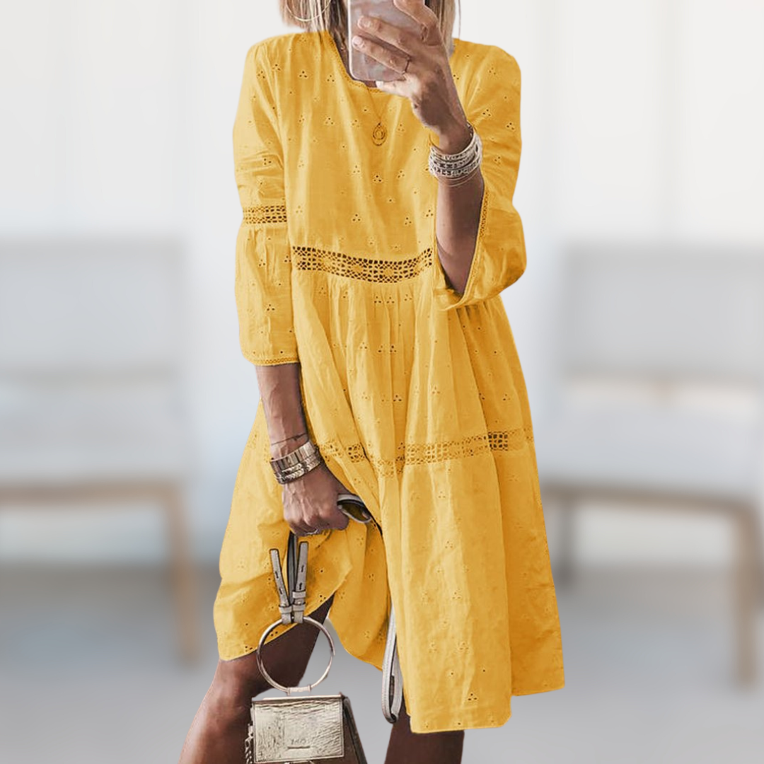 Mabel yellow summer dress with 3/4 puff sleeves and eyelet tiered skirt, round neck
