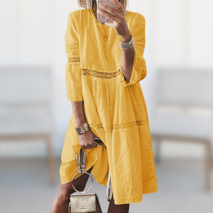 Mabel yellow summer dress with 3/4 puff sleeves and eyelet tiered skirt, round neck