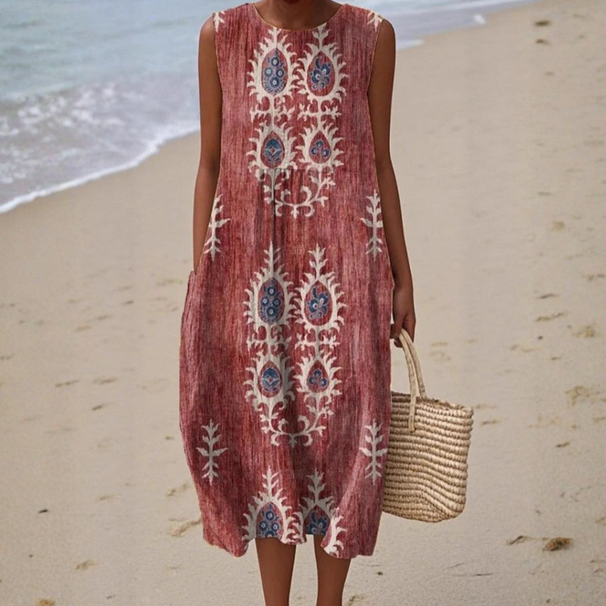 Red sleeveless boho midi dress with round neckline and embroidered floral medallion print