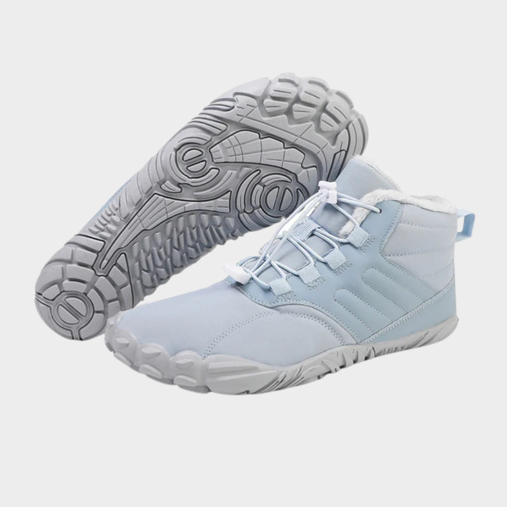 Non-slip waterproof shoes, light blue lace-up boot with padded collar and treaded outsole