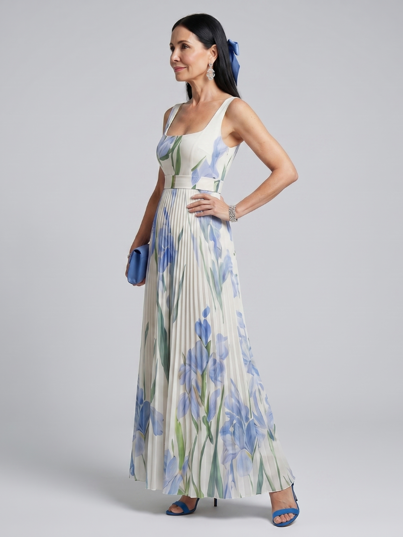 Sleeveless square-neck floral midi dress with pleated skirt, white base and blue blooms