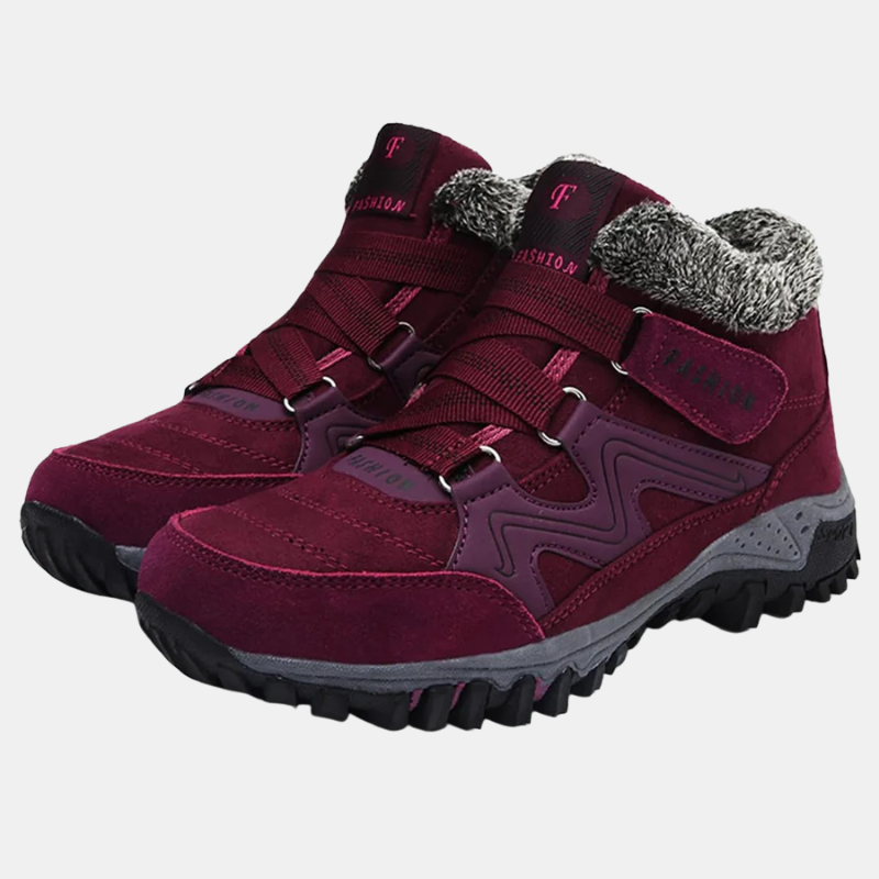 Burgundy orthopedic shoes with faux-fur collar and hook-and-loop straps, rugged outsole