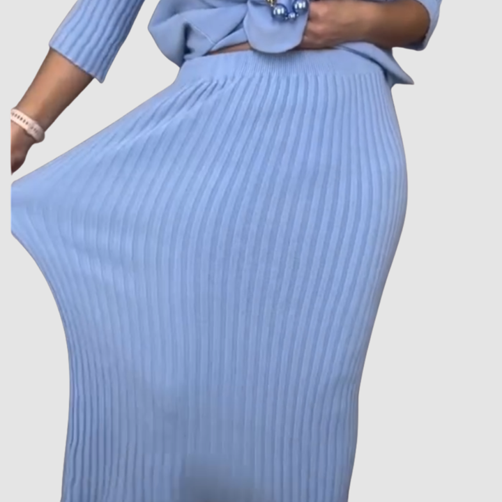 Blue ribbed midi skirt with side slit and matching knit waist top