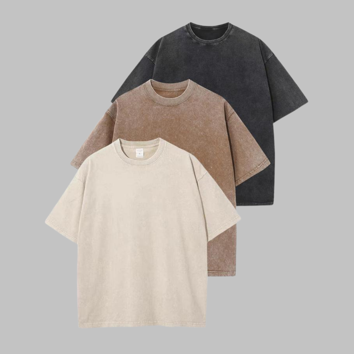 3-pack washed crew-neck T-shirts in cream, tan, and dark gray