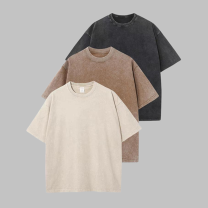 3-pack washed crew-neck T-shirts in cream, tan, and dark gray